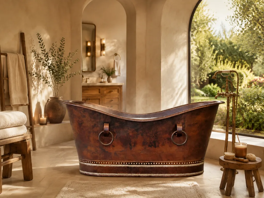 Hand-hammered copper tub detail